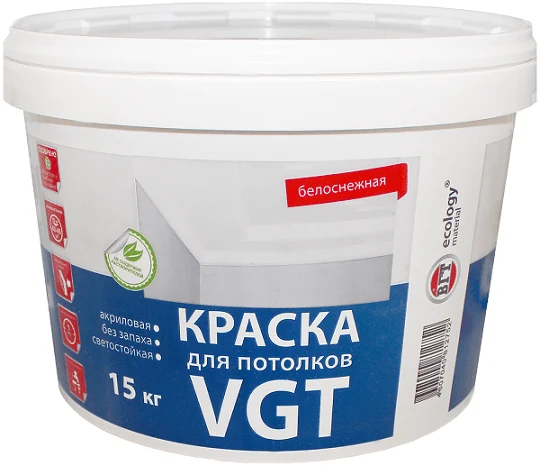 Краска интерьерная акриловая VGT ВД-АК-2180 для потолков (белоснежная), 15кг
