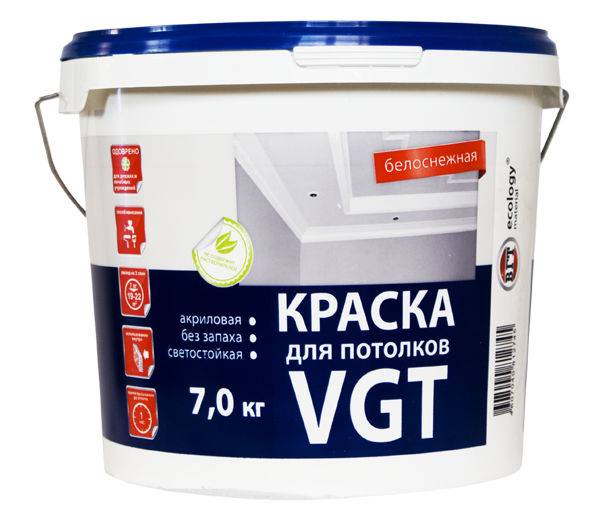 Краска интерьерная акриловая VGT ВД-АК-2180 для потолков (белоснежная), 7кг