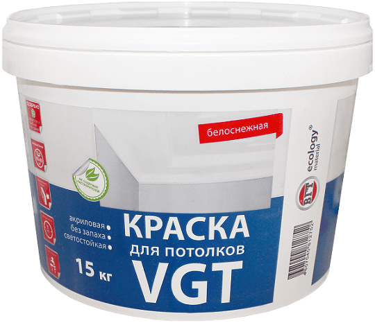 Краска интерьерная акриловая VGT ВД-АК-2180 для потолков (белоснежная), 15кг