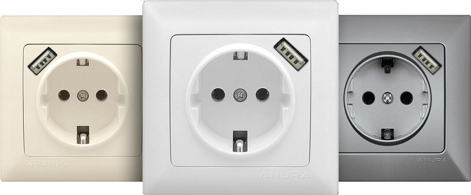 Розетка с заземлением ANURA AE01107U с 2 USB портами