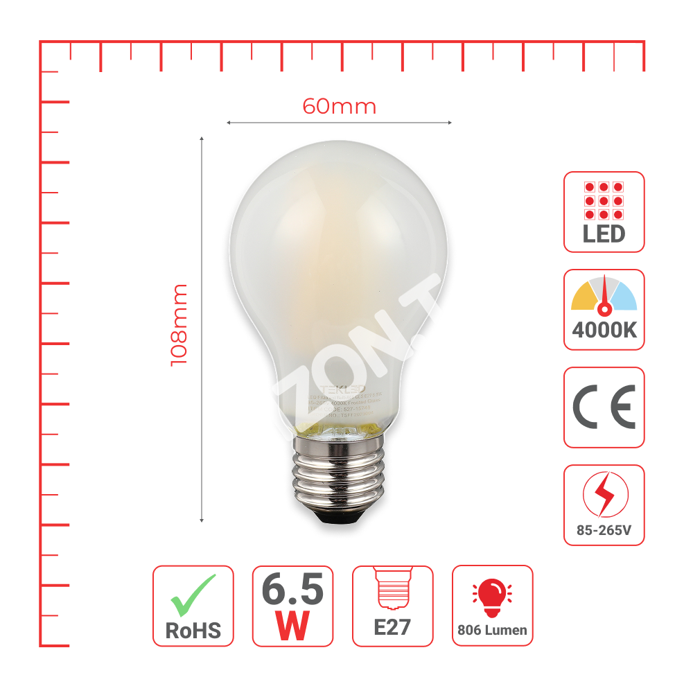Лампа LED Filament Bulb A60 GLS E27 6.5 Вт 85-265 В 6000 К F, 527-15750 15