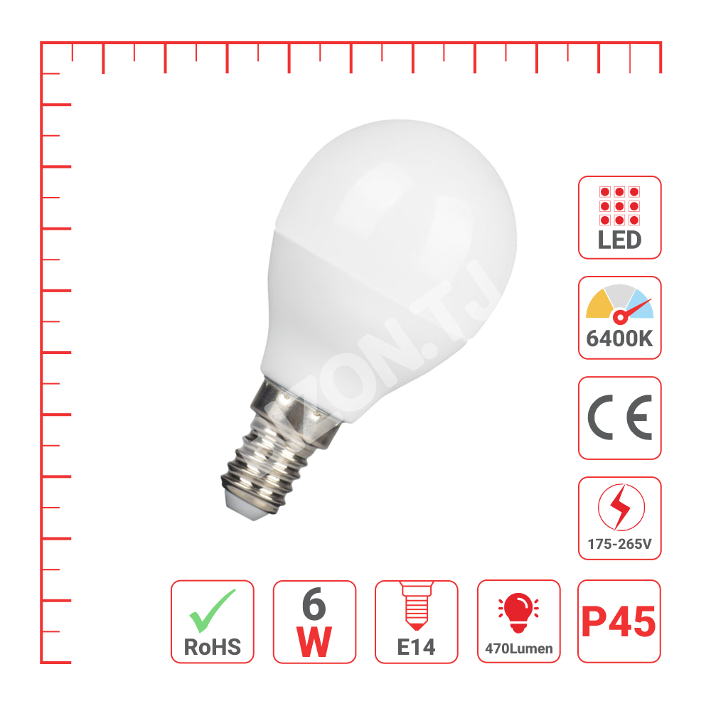 Лампа LED P45 6 Вт 470 лм E14 6400 К (ECOLITE LED)100ш, 527-10375 3