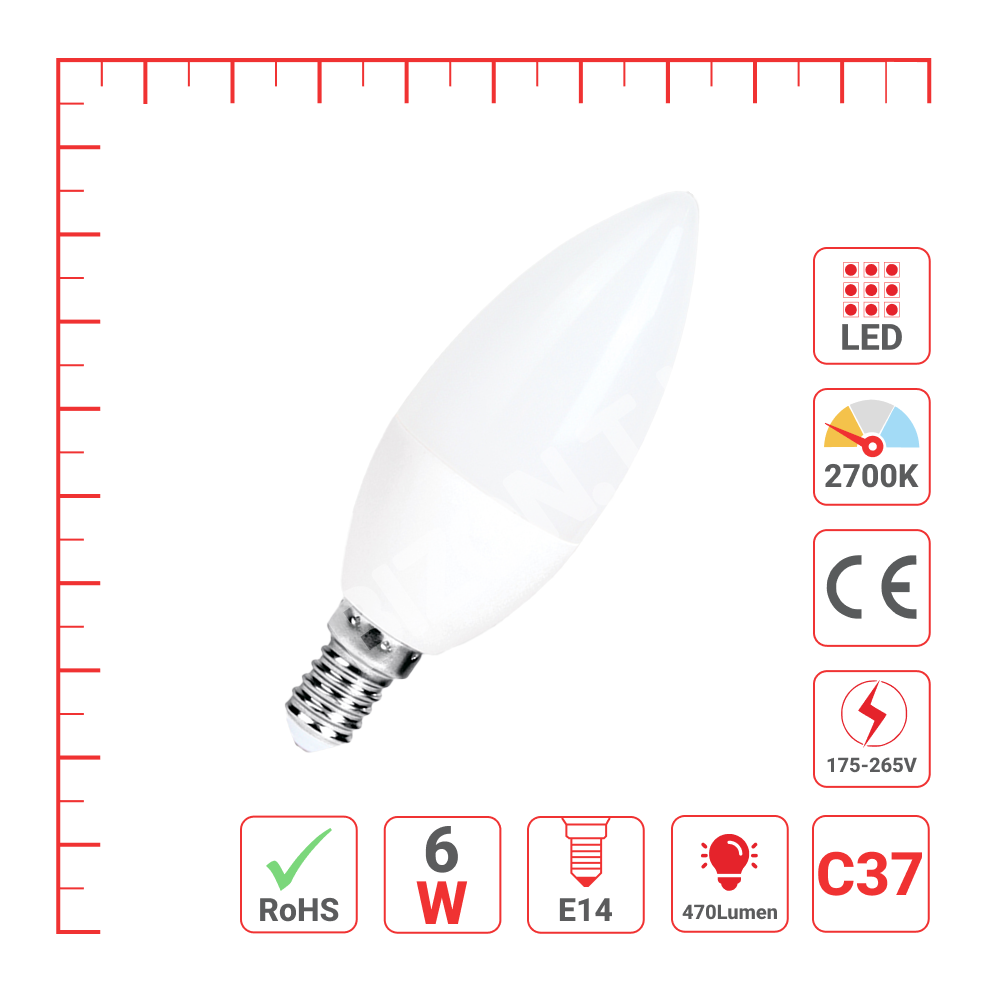 Лампа LED C37 6 Вт 470 лм E14 3000 К (ECOLITE LED)100ш, 527-10270 3