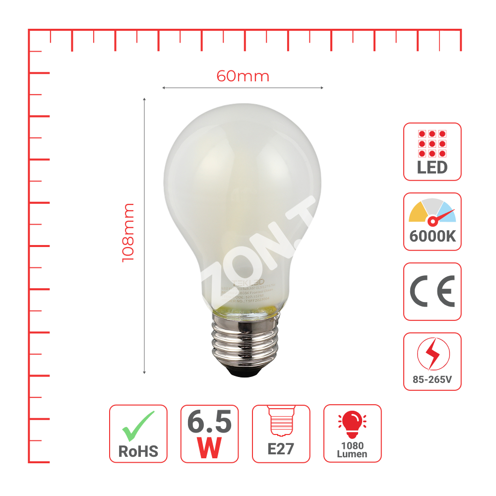 Лампа LED Filament Bulb A60 GLS E27 6.5 Вт 85-265 В 6000 К F, 527-15750 4