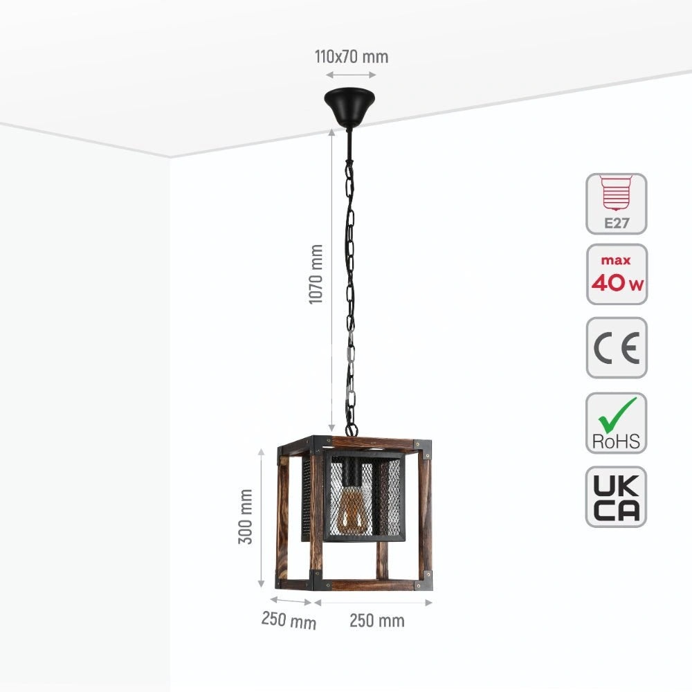 Светильник дерево Cube черный Cage Lantern Rustic подвесной потолочный светильник с E27 Fitting, 156-19528 2