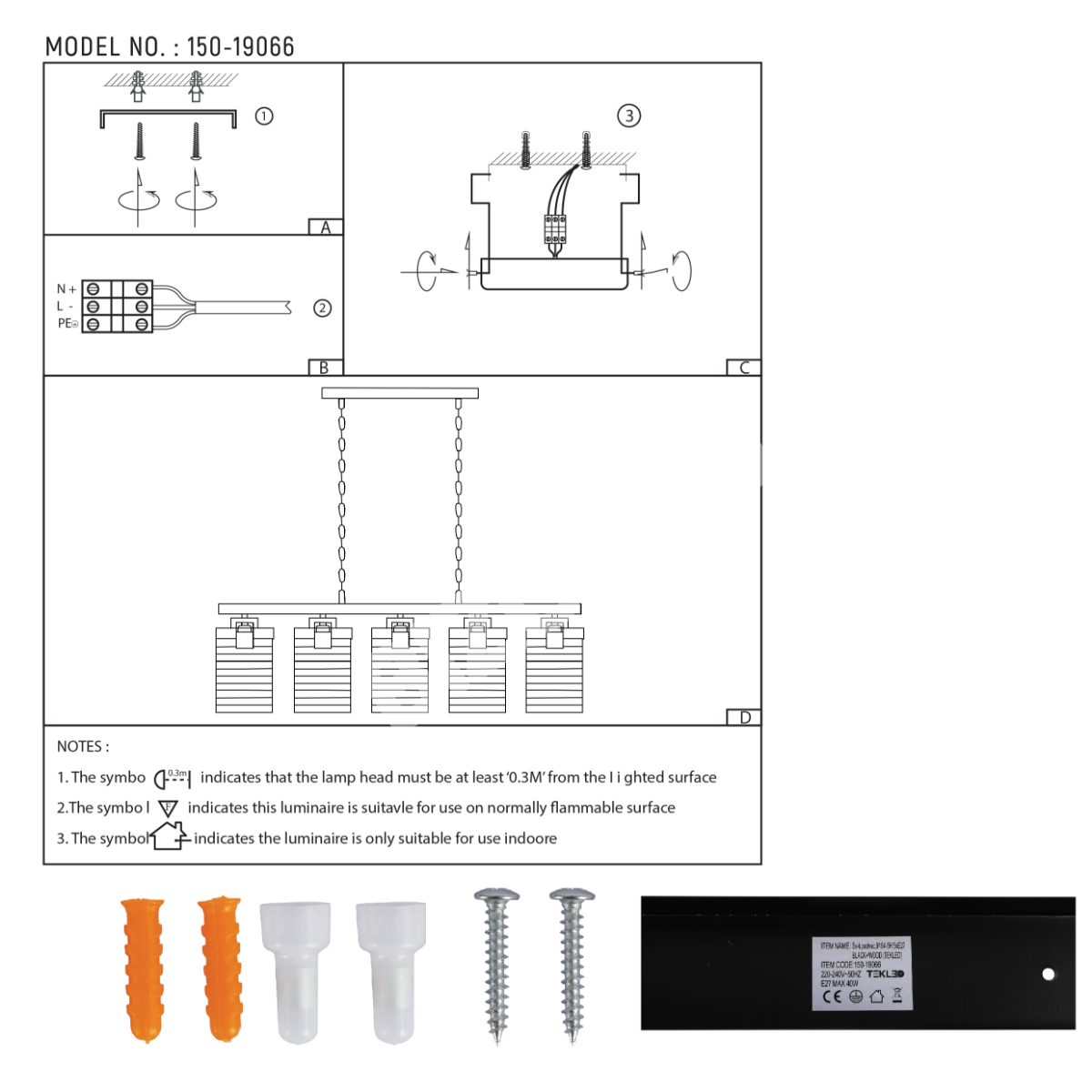 Светильник podvec.9184-5H 5xE27 черный+дерево L950W150H1200, 150-19066 8