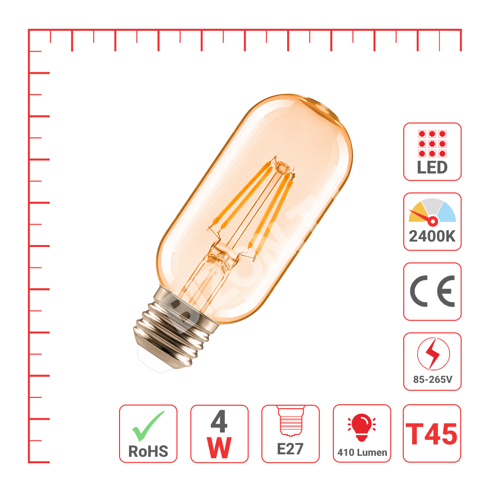 Lampa LED T45 4 Вт E27 AMBER 410 лм 2400 К 85-265, 527-03444 3
