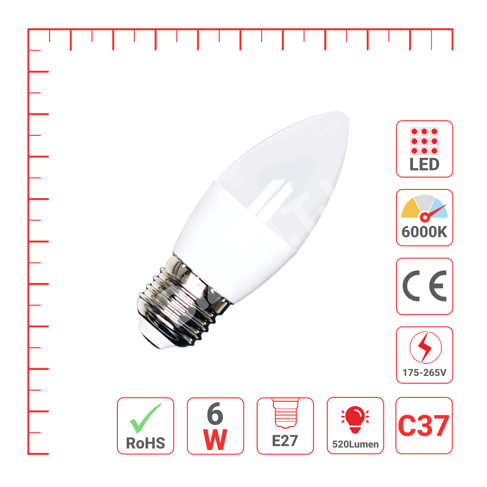 Лампа LED C35 6 Вт 550 лм E27 6000 К 175-265 В(ECOLITE), 527-102499 3